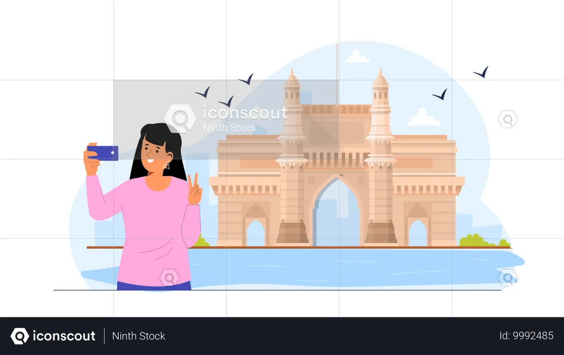 Mädchen macht Selfie vor dem Taj Mahal  Illustration