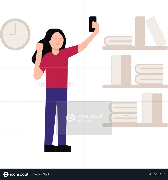 Mädchen macht Selfie in der Bibliothek  Illustration