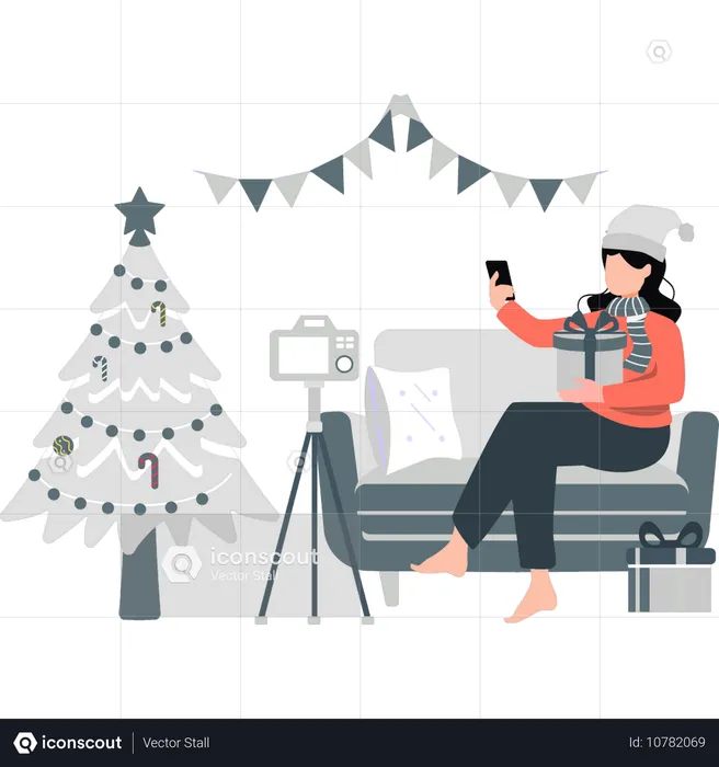 Mädchen macht Video mit Weihnachtsgeschenken  Illustration