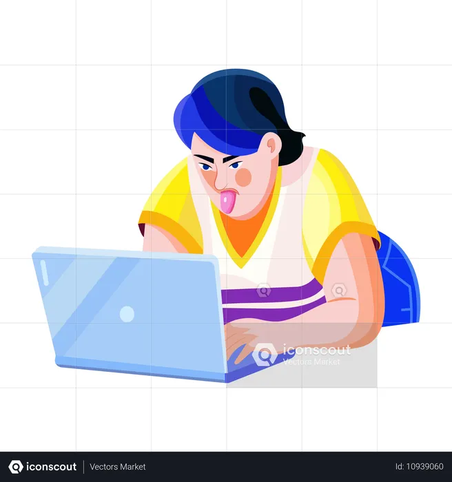 Mädchen mit heraushängender Zunge beim Benutzen eines Laptops  Illustration