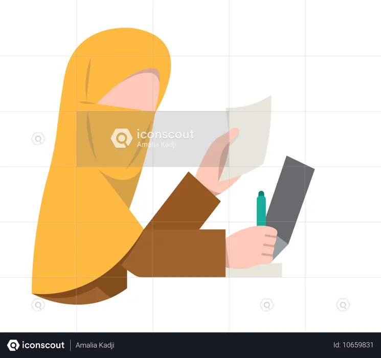 Hijab-Mädchen macht sich Notizen für die Arbeit, während sie im Büro arbeitet  Illustration