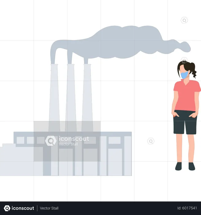 Mädchen mit Maske betrachtet die Verschmutzung durch den Fabrikrauch  Illustration