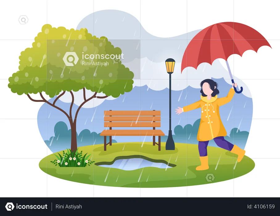 Mädchen mit Regenschirm zu Fuß im park  Illustration