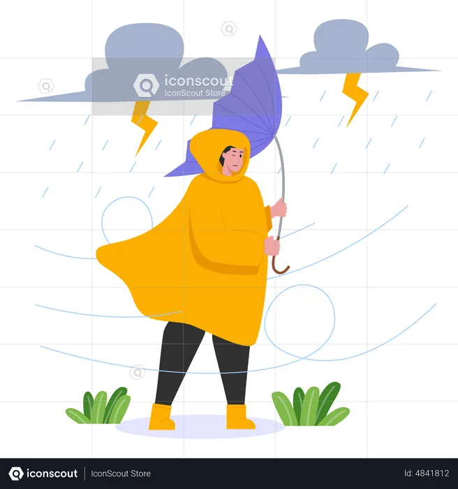 Mädchen mit Regenschirm geht im Sturm  Illustration