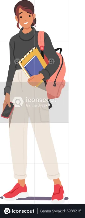 Mädchen mit Rucksack und Büchern stellt eine begeisterte Schülerin auf dem Weg zur Schule dar  Illustration