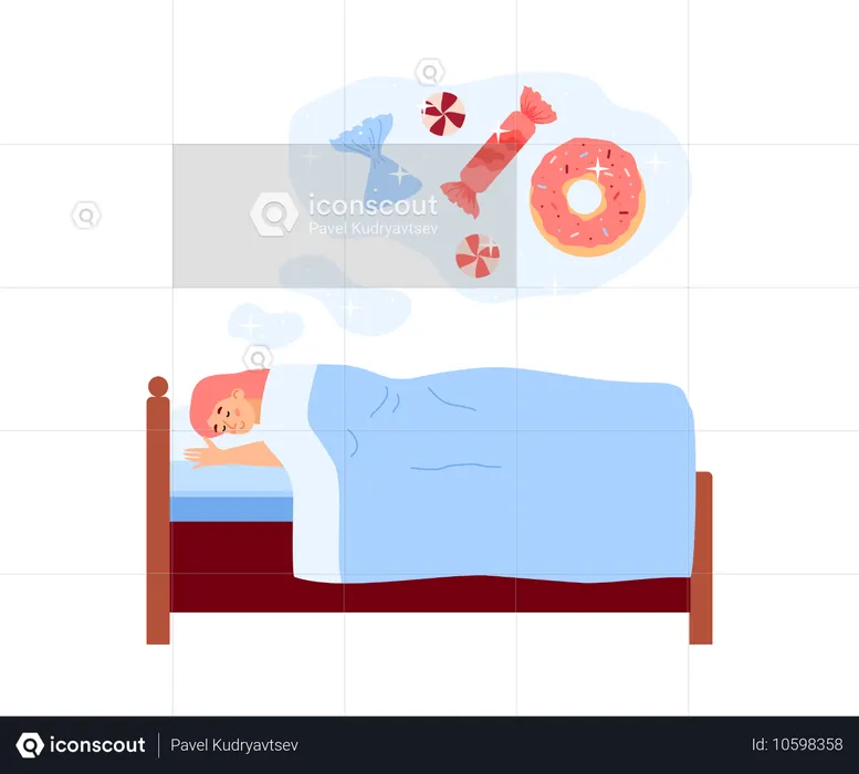 Mädchen mit Zuckersucht träumt von süßen Desserts im Bett liegend  Illustration