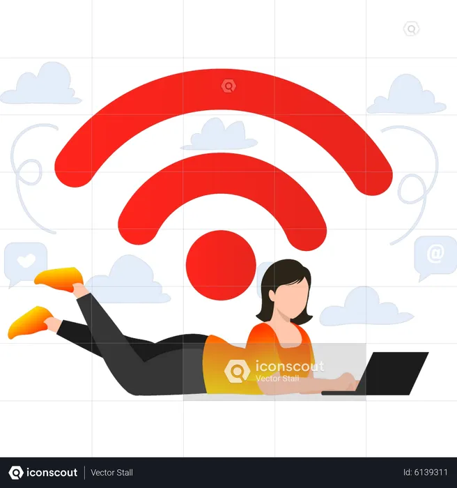 Mädchen nutzt WLAN auf Laptop  Illustration