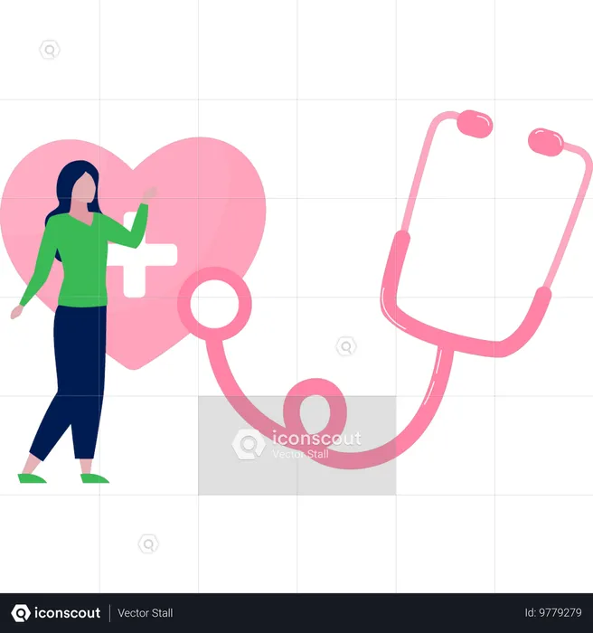 Mädchen überprüft Herz mit Stethoskop  Illustration