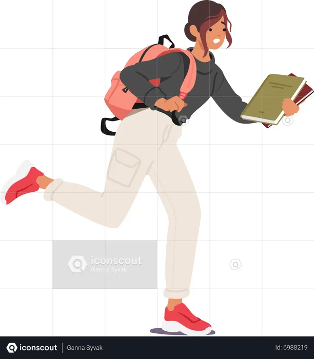 Mädchen läuft mit Rucksack und Stapel Bücher in den Händen zu spät zum Unterricht in der Uni  Illustration
