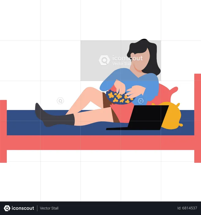 Mädchen schaut auf Laptop im Bett  Illustration