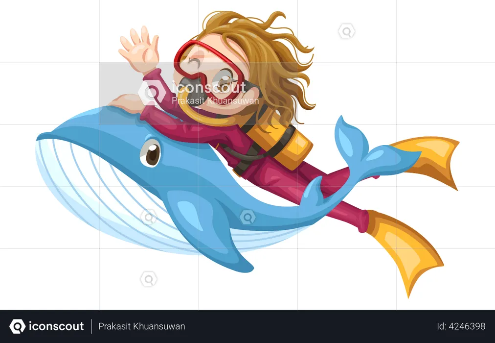 Mädchen schwimmt mit Walfisch  Illustration