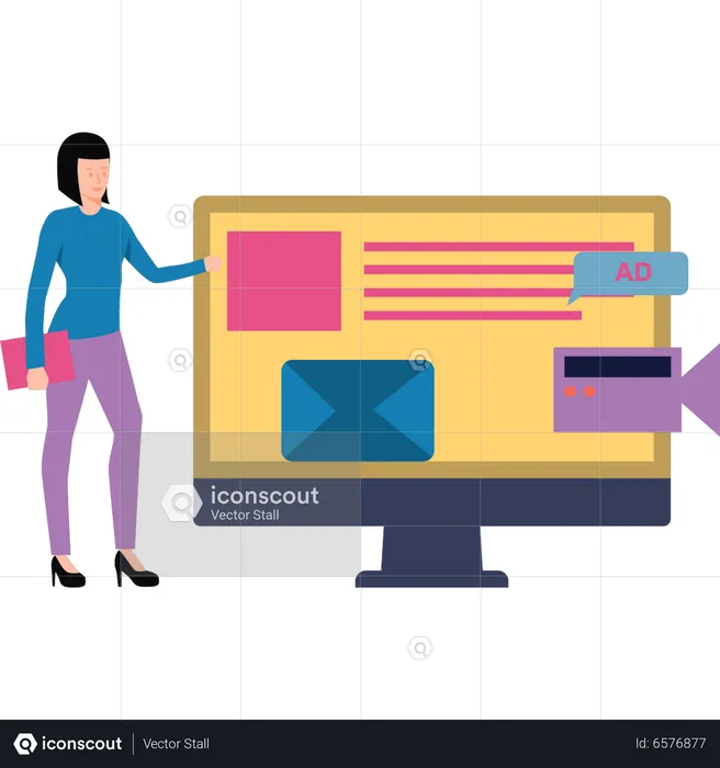 Mädchen sieht Werbung auf Monitor  Illustration