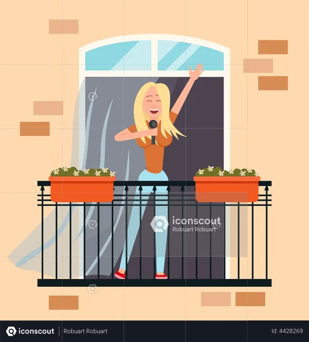 Mädchen singt auf dem Balkon  Illustration