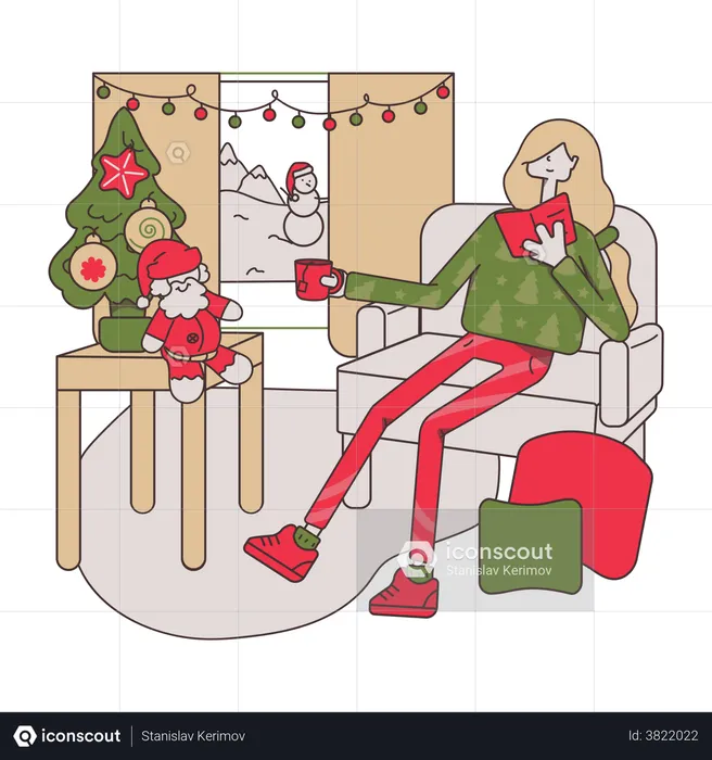 Mädchen sitzt auf dem Sofa an Weihnachten  Illustration