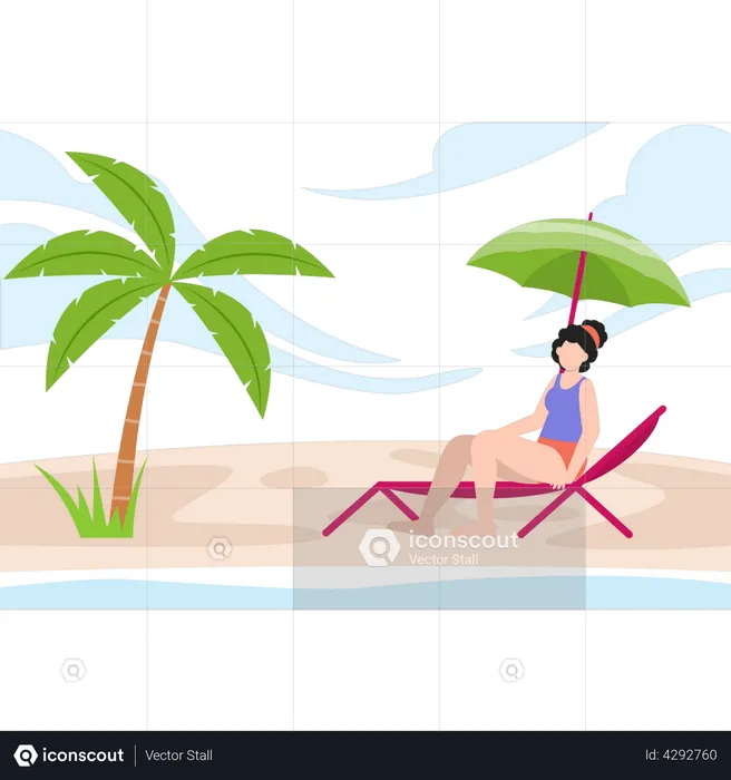 Mädchen sitzt auf einem Stuhl und genießt den Blick auf den Strand  Illustration