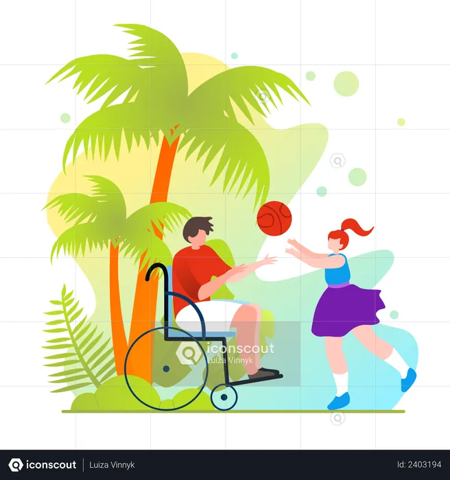 Mädchen spielt Ball mit Mann im Rollstuhl  Illustration