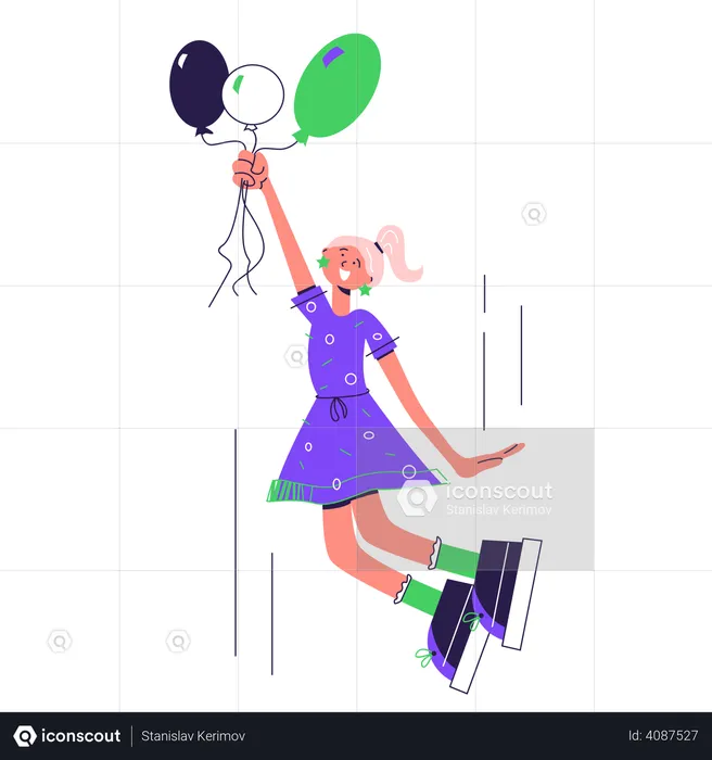 Mädchen springt mit Luftballons  Illustration