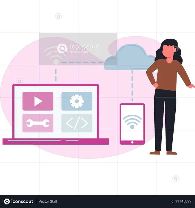 Mädchen steht in der Nähe von Cloud-Networking  Illustration