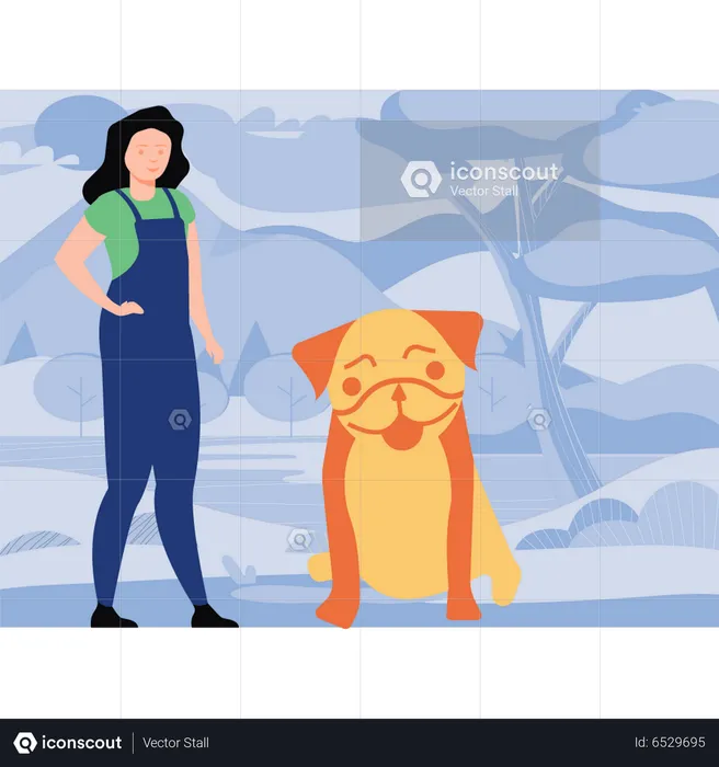 Mädchen steht mit Bulldogge  Illustration