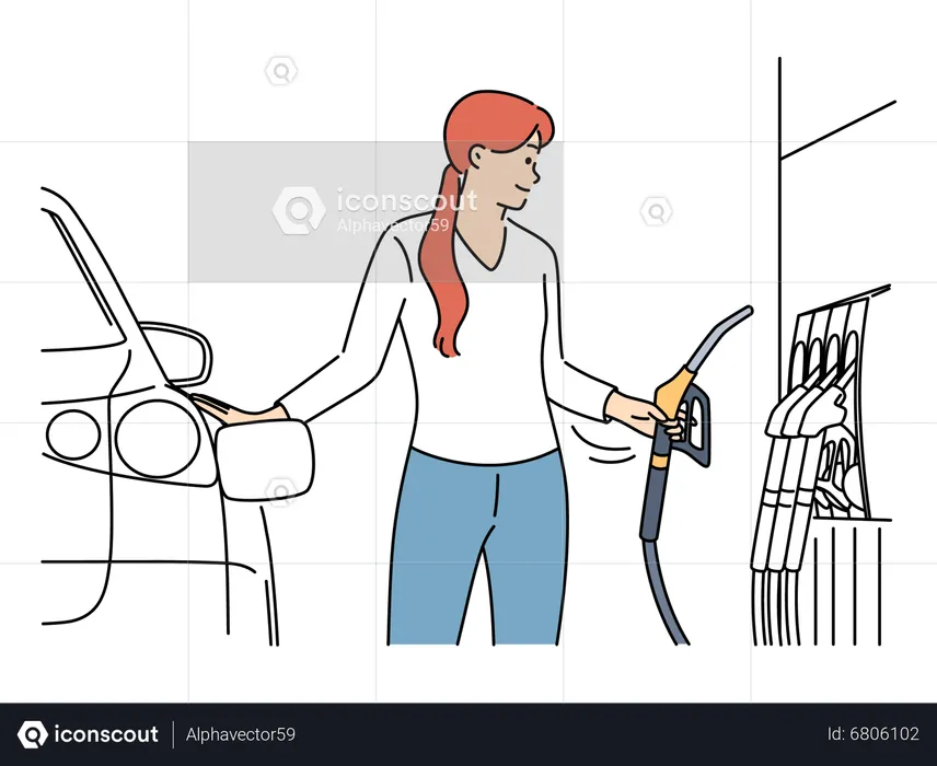 Mädchen tankt Auto an Tankstelle  Illustration