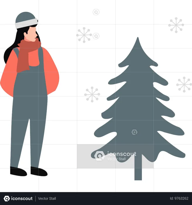 Mädchen in warmer Kleidung genießt fallenden Schnee  Illustration