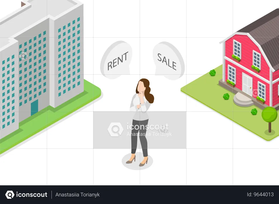 Mädchen trifft Entscheidung, Haus zu mieten und Immobilie zu verkaufen  Illustration