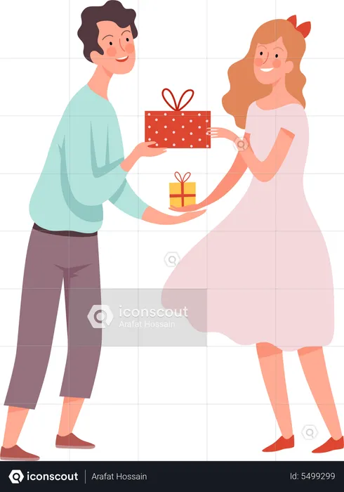 Mädchen und Junge schenken sich gegenseitig Geschenke  Illustration