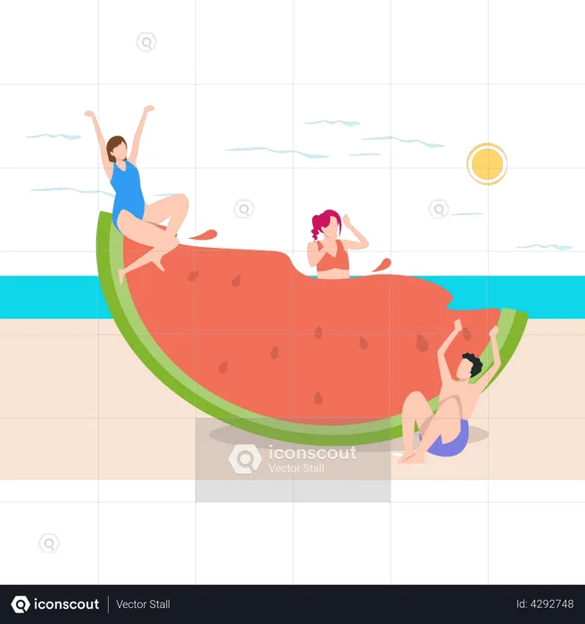 Mädchen und Jungen sitzen am Strand und genießen Wassermelone  Illustration