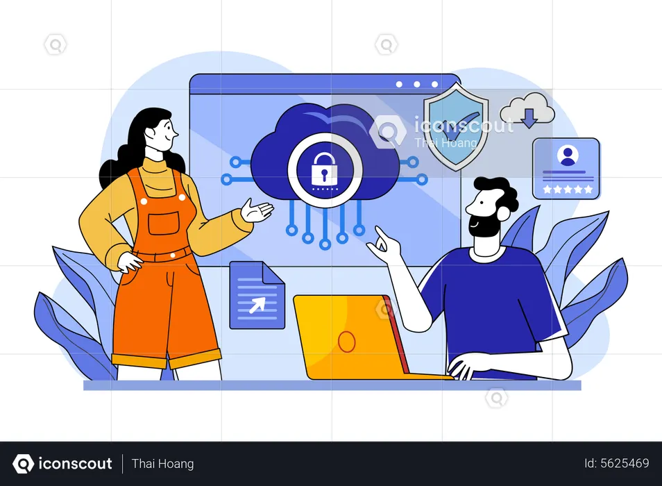 Mädchen und Mann arbeiten am Datenschutz in der Cloud  Illustration