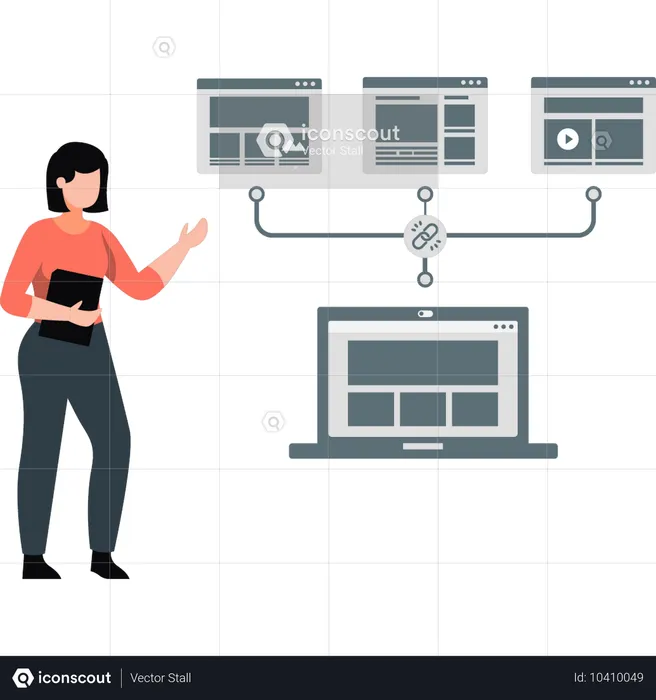 Mädchen zeigt Datenübertragung von einem Laptop auf einen anderen Laptop  Illustration