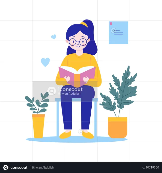 Mädchen mit Brille sitzt und liest ein Buch in der Bibliothek  Illustration