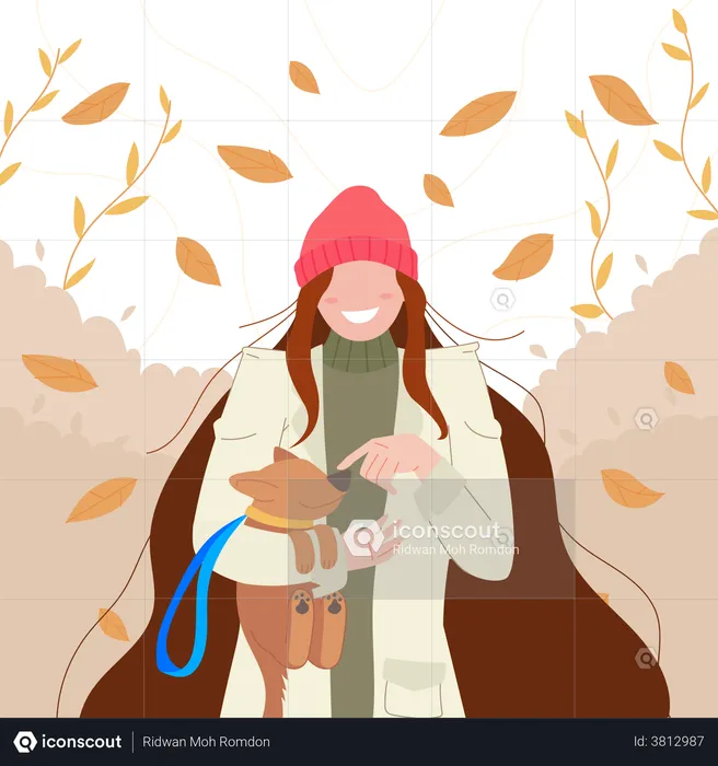 Mädchenspaziergang im Herbst mit Hund  Illustration