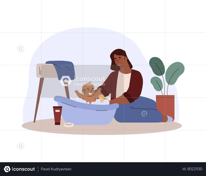 Madre bañando al bebé recién nacido en el baño  Ilustración