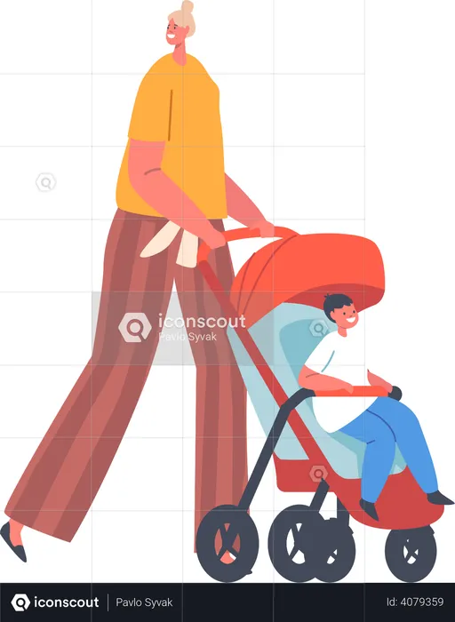 Madre caminando con un niño pequeño dentro del carro  Ilustración