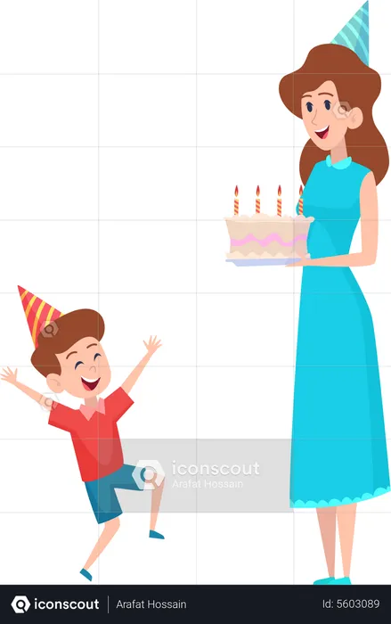 Madre celebrando el cumpleaños de su hijo con pastel  Ilustración