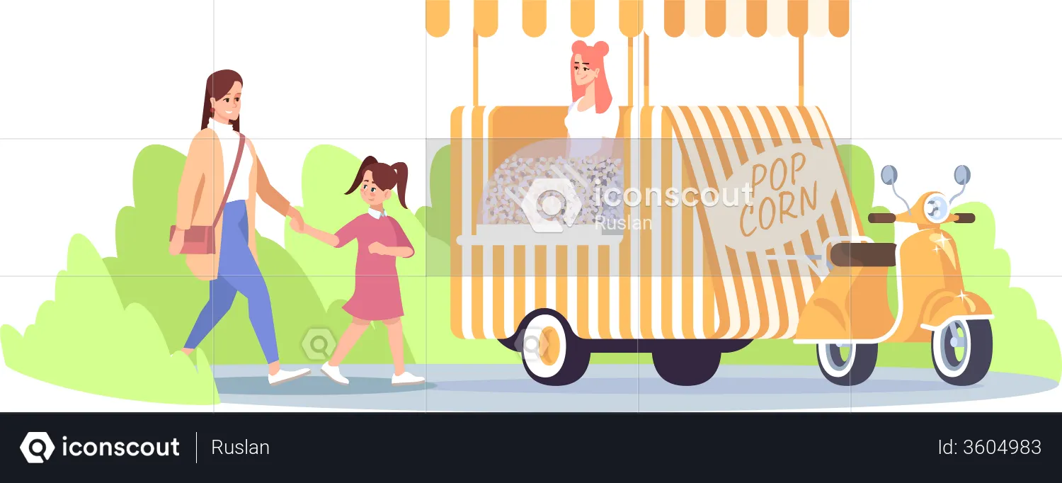 Madre con hija yendo a comprar palomitas de maíz  Ilustración