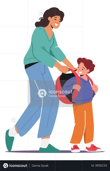 Madre dejando a su hijo para ir a la escuela  Ilustración