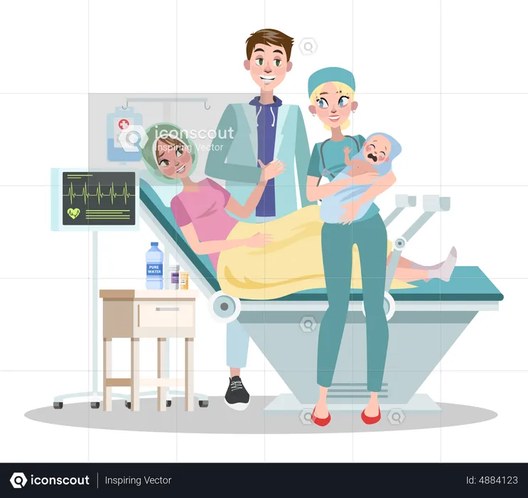 Madre dio a luz a un bebé mientras la enfermera sostenía al recién nacido  Ilustración