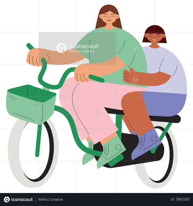 Madre e hija andando en bicicleta juntas  Ilustración