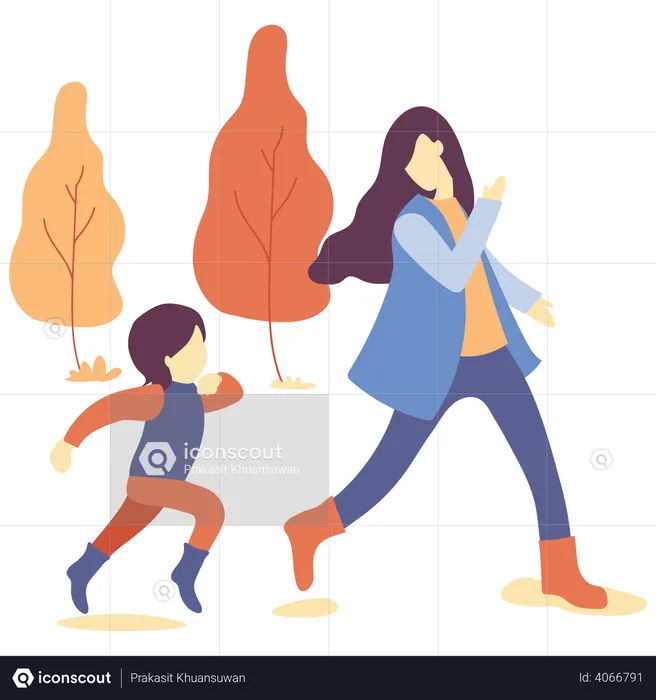 Madre e hija caminando juntas en el parque de otoño  Ilustración