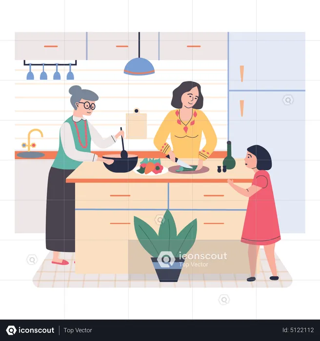 Madre e hija cocinando juntas  Ilustración