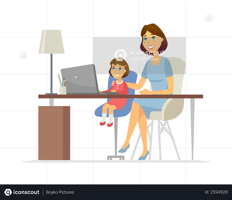 Madre e hija en la computadora portátil  Ilustración