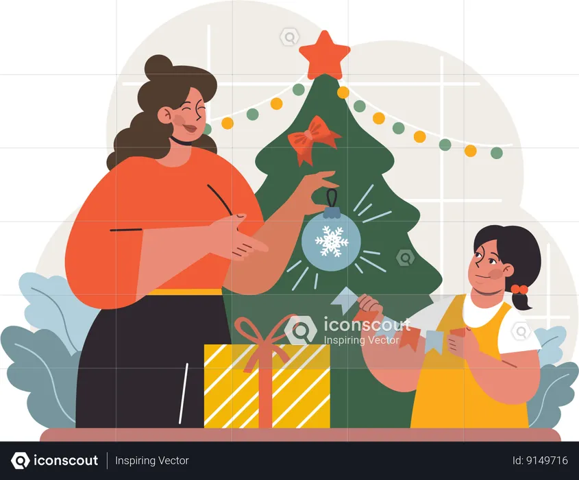 Madre e hija disfrutan de la víspera de Navidad  Ilustración