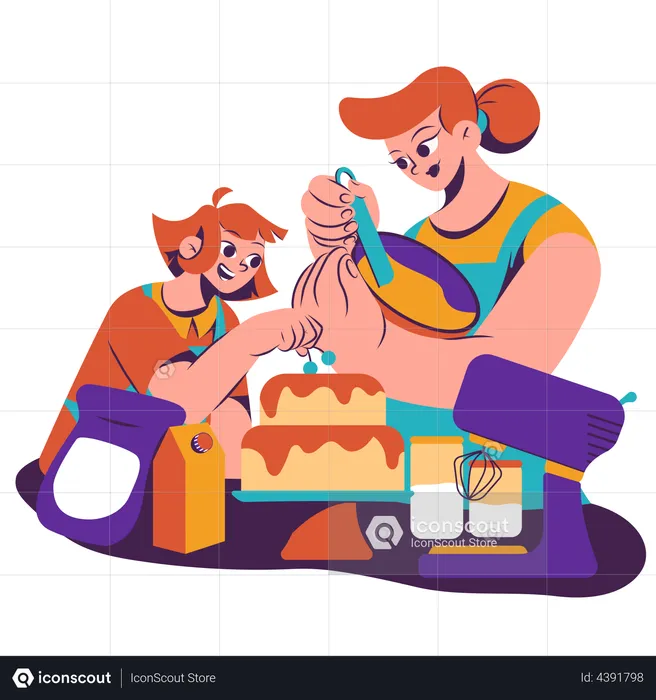 Madre e hija haciendo pastel juntas  Ilustración