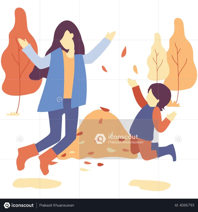 Madre e hija juegan con hojas de otoño  Ilustración