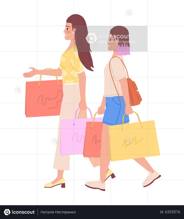 Mamá e hija modernas comprando ropa juntas  Ilustración
