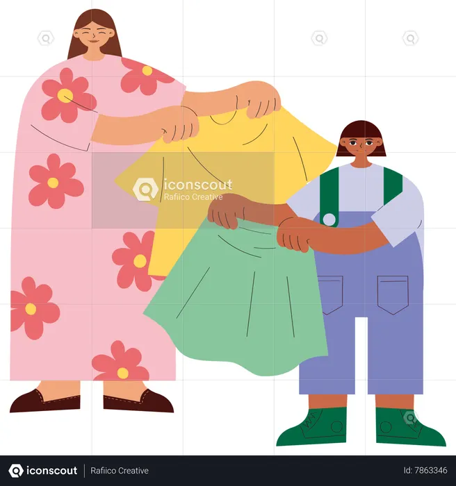 Madre e hija mostrando ropa.  Ilustración