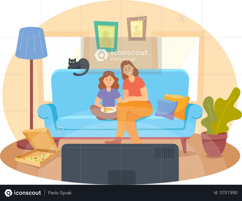 Madre e hija pequeña con pizza y gato sentados en el sofá viendo una película  Ilustración