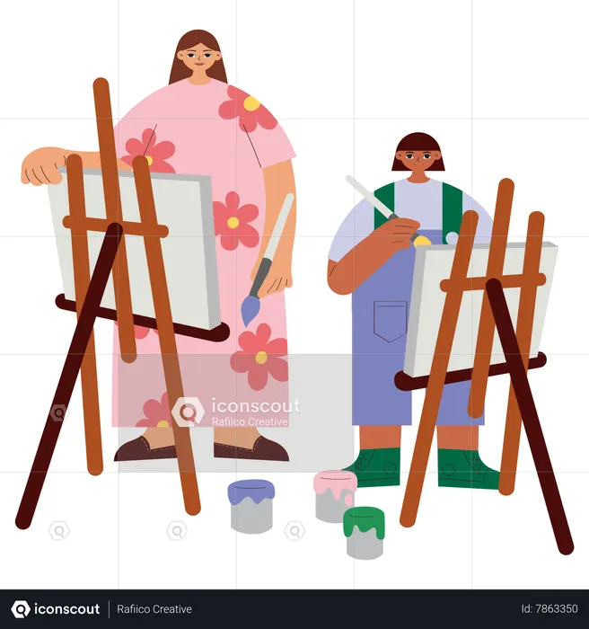 Madre e hija pintando juntas  Ilustración