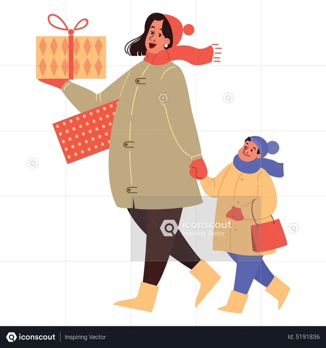 Madre e hijo caminando con regalos de Navidad  Ilustración